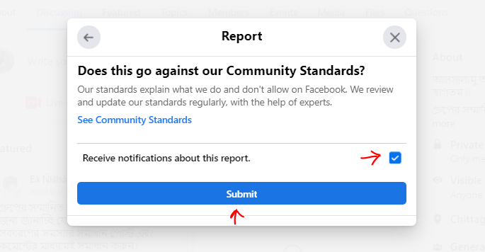 submit report against facebook group