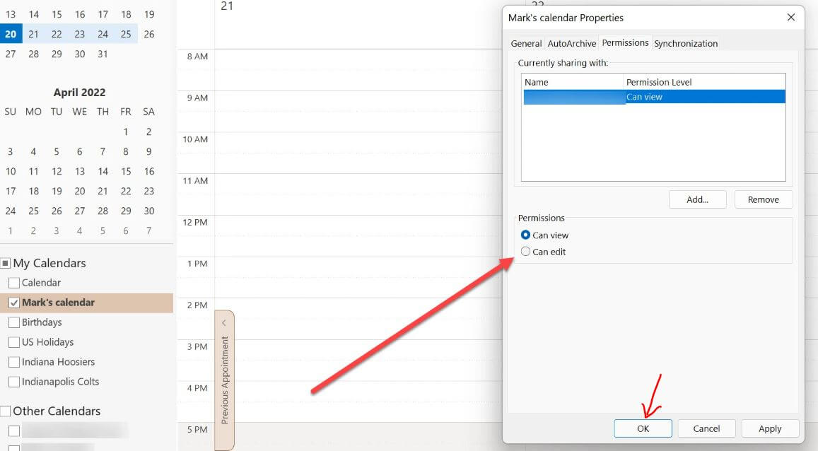 give permission to share calendar in outlook