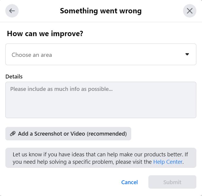 Contact Facebook support through Report a problem