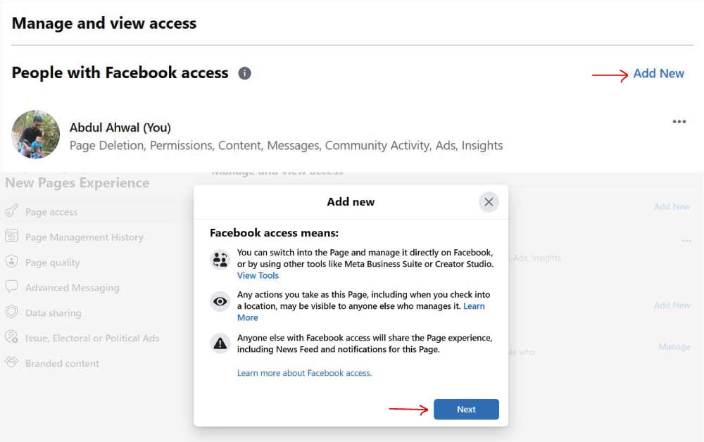 how to transfer a facebook page to another account